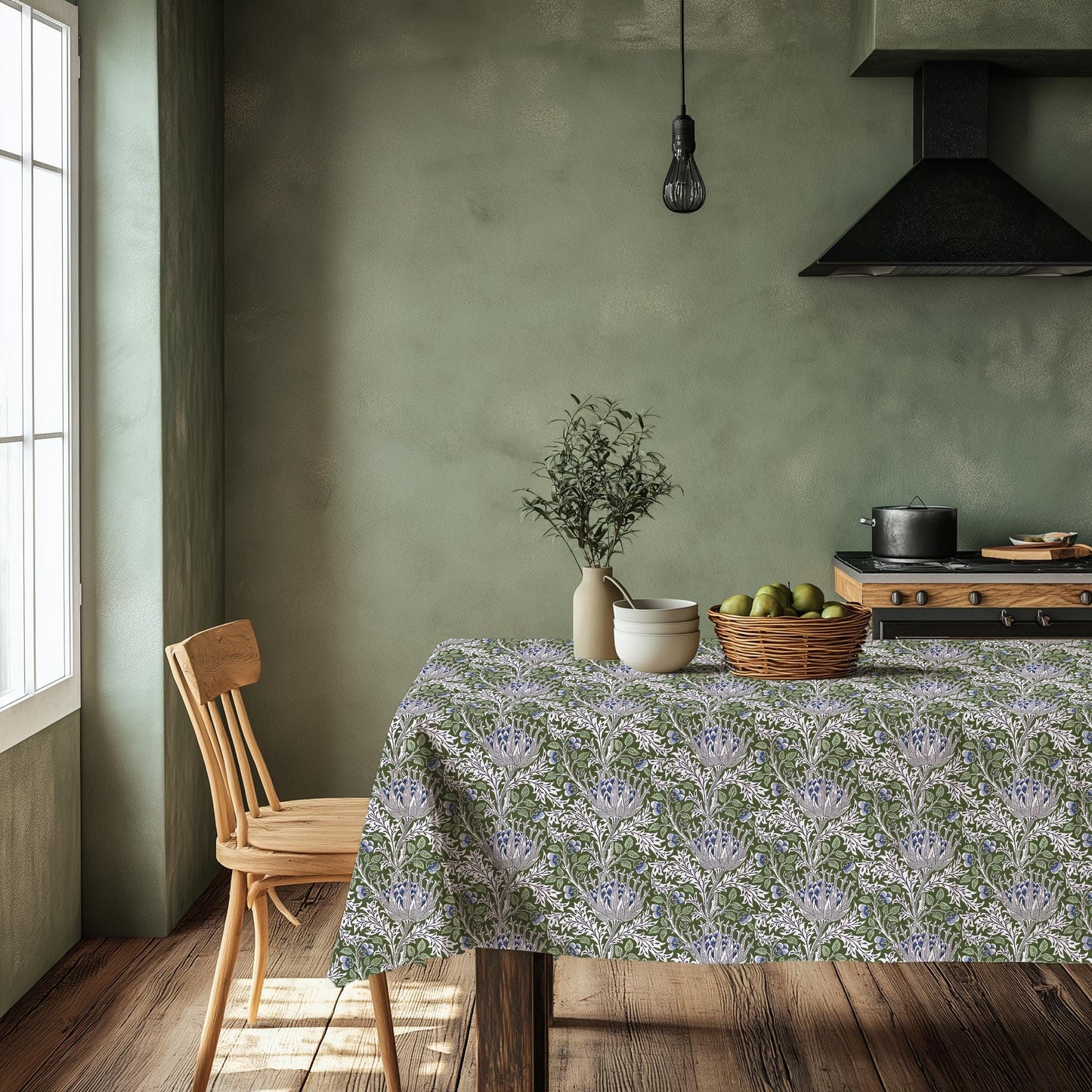 Linen foral tablecloth with ARTICHOKE -W william Morris green floral tablecloth - arts and crafts movement tablecloth Victorian style
