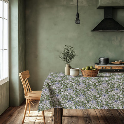 Linen foral tablecloth with ARTICHOKE -W william Morris green floral tablecloth - arts and crafts movement tablecloth Victorian style