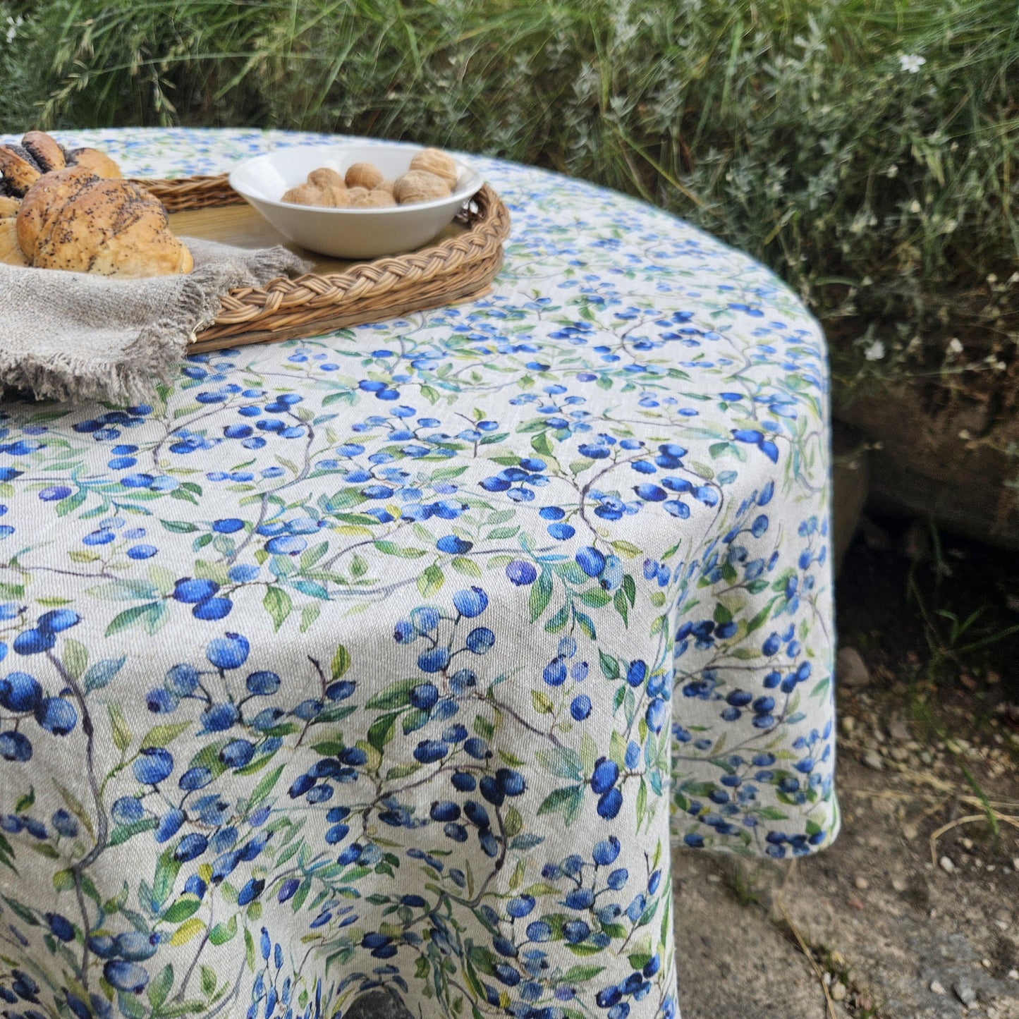 Linen foral tablecloth with blueberry print - floral tablecloth  arts and crafts movement tablecloth Victorian style