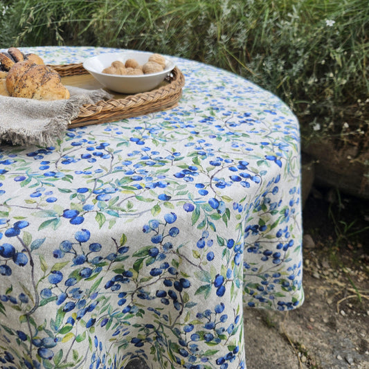 Linen foral tablecloth with blueberry print - floral tablecloth  arts and crafts movement tablecloth Victorian style