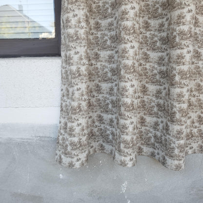 Curtains 100% Linen with brown toile de jouy print PREWASHED. kitchen Living room farmhouse linen window panel