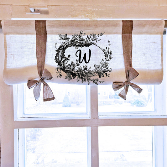 Monogramed Linen curtains valance with tie up with French Country Stamp , farmhouse kitchen curtains, door curtains  in custom size