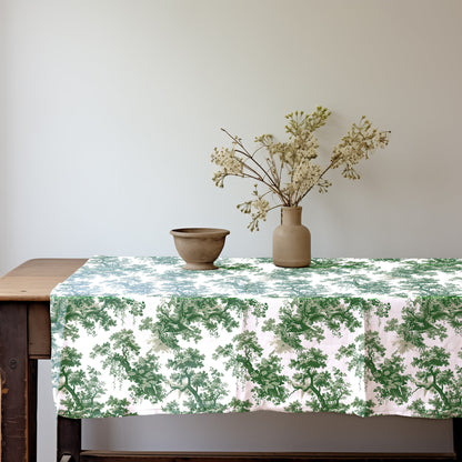 Designer Floral Linen tablecloth Toile de jouy in mustard, botanical tablecloth with trees and birds