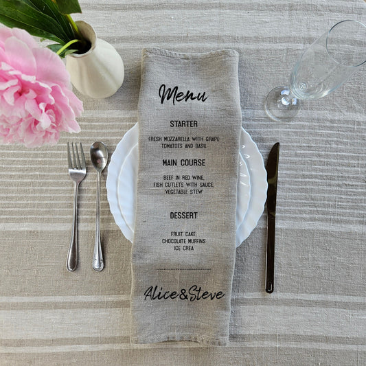 Custom Design White Cloth Cocktail Napkins with Menu -  luxury weddings menu napkins in linen - Custom Names Napkins