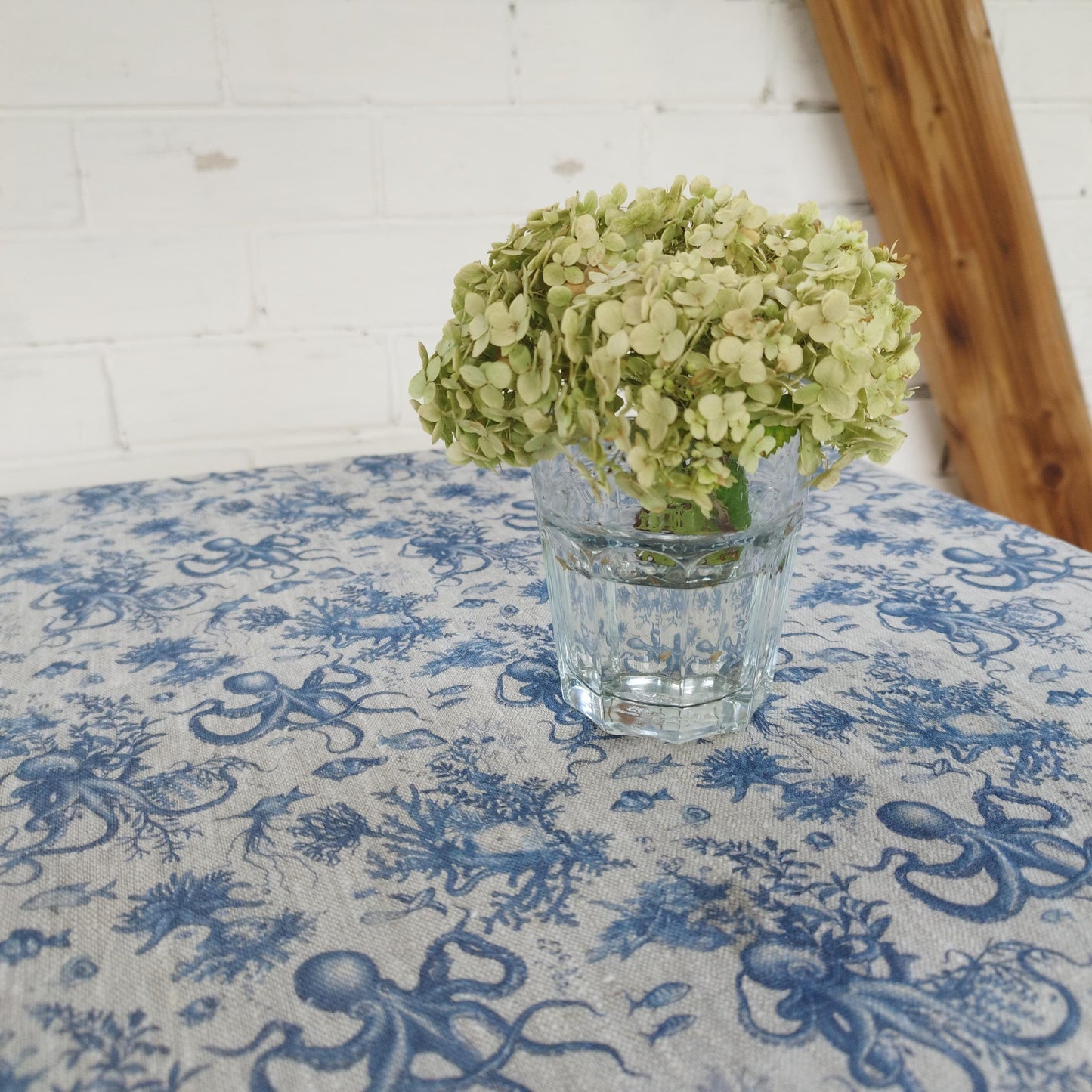 100% Linen tablecloth Blue Coastal with octopus print - French Coastal Vintage table cloth - Nautical indigo Blue Toile de jouy linen