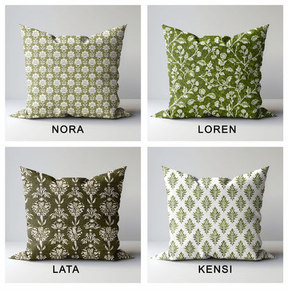 Designer Olive Green Floral on Linen Pillow Cover, Dark Green Boho Pillow, Farmhouse Floral Block printed pillow greenery