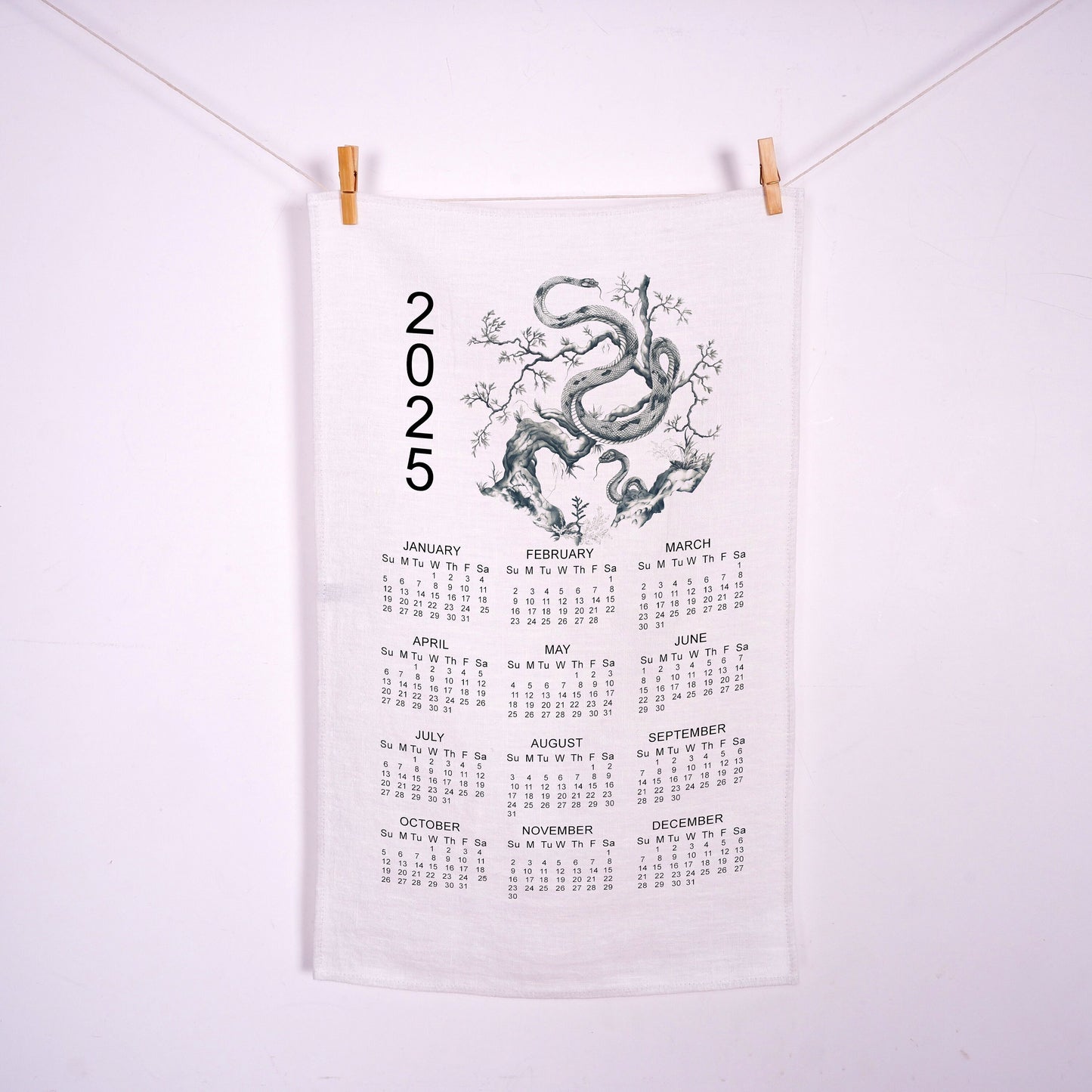 2025 Calendar Towel with year zodiac Snake in linen , linen tea towel with 2025 Calendar, linen guest towel 2025 Calendar