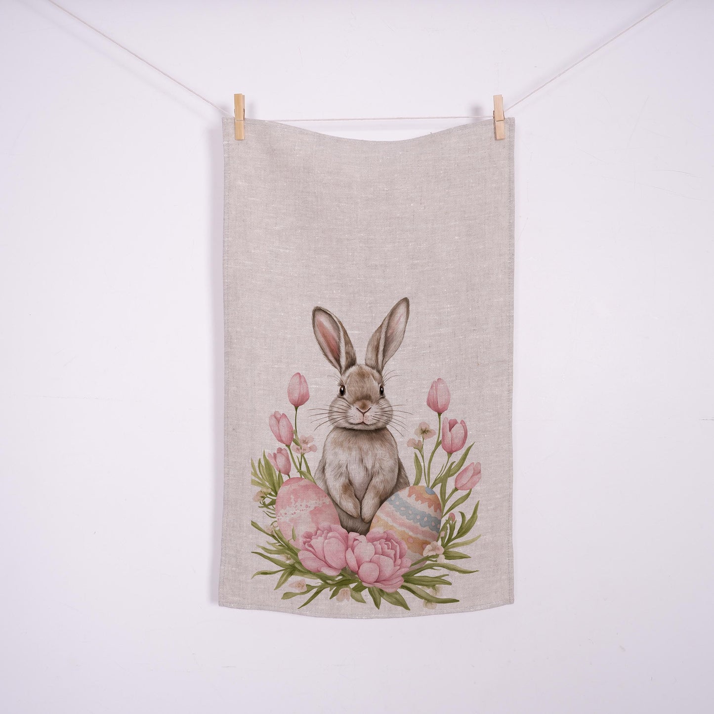Blommig kökshandduk i linne med kaninmotiv - Blå handdukar med kaninmotiv - Diskhandduk med lantlig blommotiv - Köksdekoration påsk kökshandduk