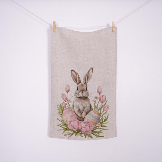 Blommig kökshandduk i linne med kaninmotiv - Blå handdukar med kaninmotiv - Diskhandduk med lantlig blommotiv - Köksdekoration påsk kökshandduk