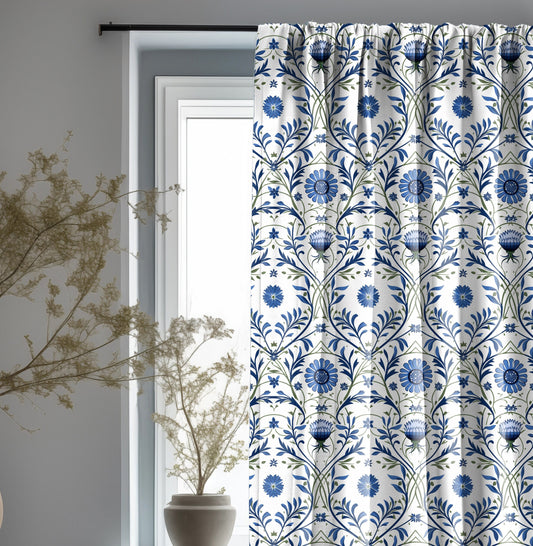 Modern vintage 100% linen Curtain Panels with blue floral print -  Custom Curtains for living room or bedroom cottage house