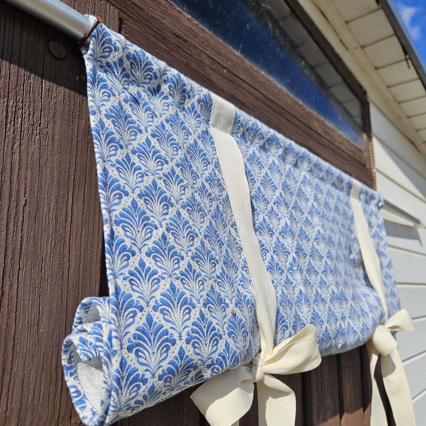 Linen curtains valance with tie up Blue white block print -  Nautical farmhouse kitchen door curtains  in custom size with print