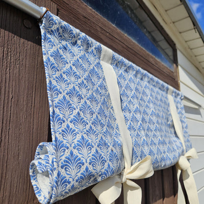 Linen curtains valance with tie up Blue white block print -  Nautical farmhouse kitchen door curtains  in custom size with print