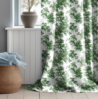 Designer green Floral Linen curtains - green French Toile de Jouy curtain panel - Farmhouse Botanical  curtains for living room