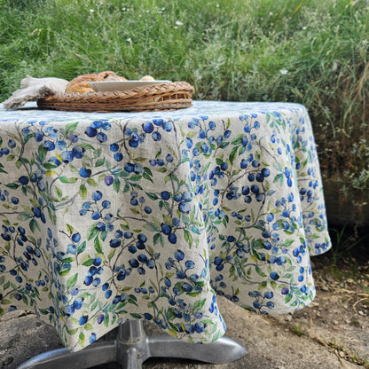 Linen foral tablecloth with blueberry print - floral tablecloth  arts and crafts movement tablecloth Victorian style
