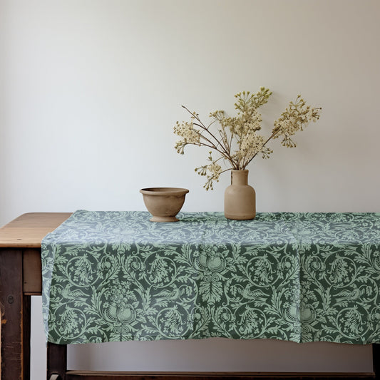 Wiliam Morris pattern Queen Anne tablecloth in linen in green