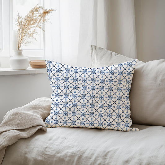 Swedish blue white Linen Pillow Cover -  Scandinavian tiles print on linen  Pillow - Contemporary indigo blue Block printed pillow on flax