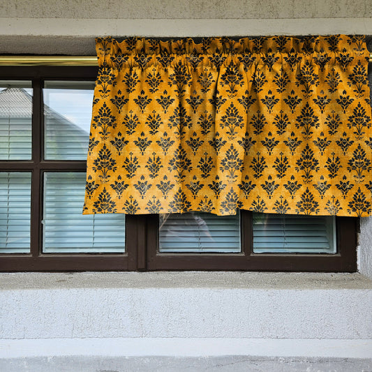 Linen Cafe Curtains in custom size block print mustard, custom size Farmhouse window panel, Living room Cafe Kitchen  valance