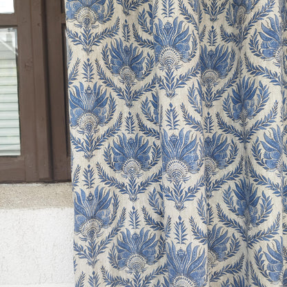 Curtains 100% Linen with French block print blue pattern PREWASHED. kitchen Living room farmhouse window panel in french linen