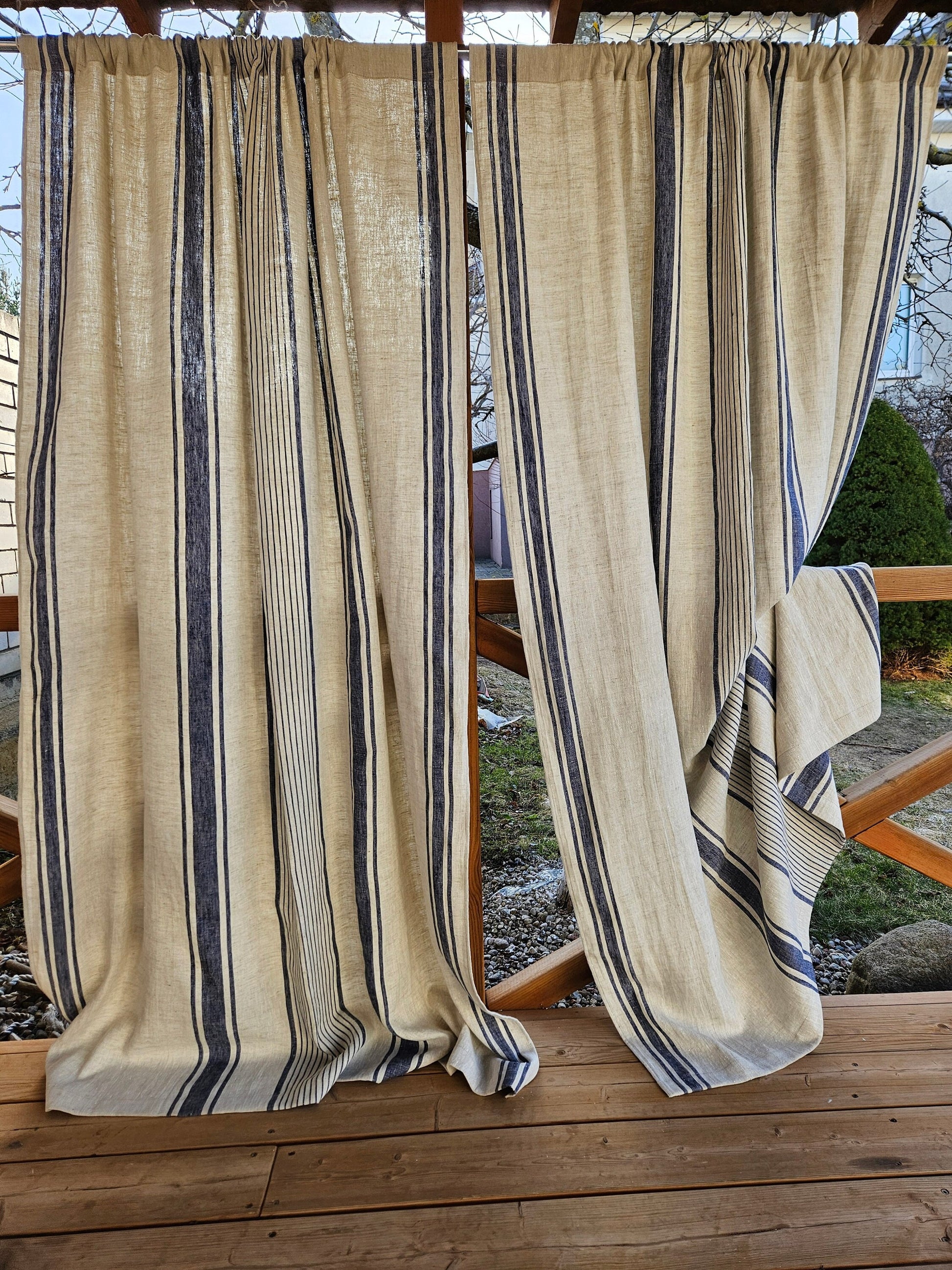indigo blue striped linen curtains in french stripes