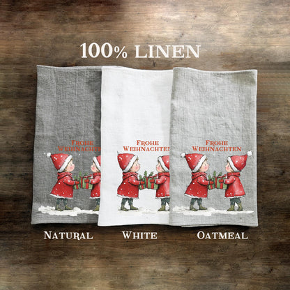 Christmas elf Tea Towel in linen, Hand Towels Tea in linen Dish Holiday Kitchen Feliz Navidad Frohe Weinachten Merry Christmas
