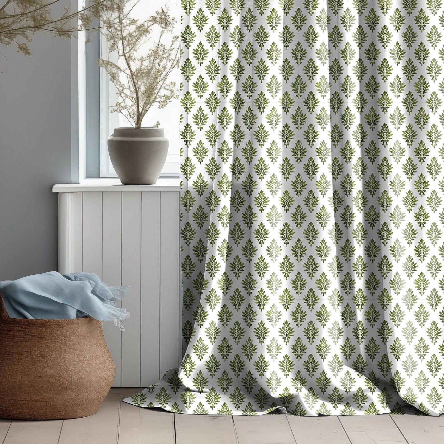 block print linen curtains in white and green