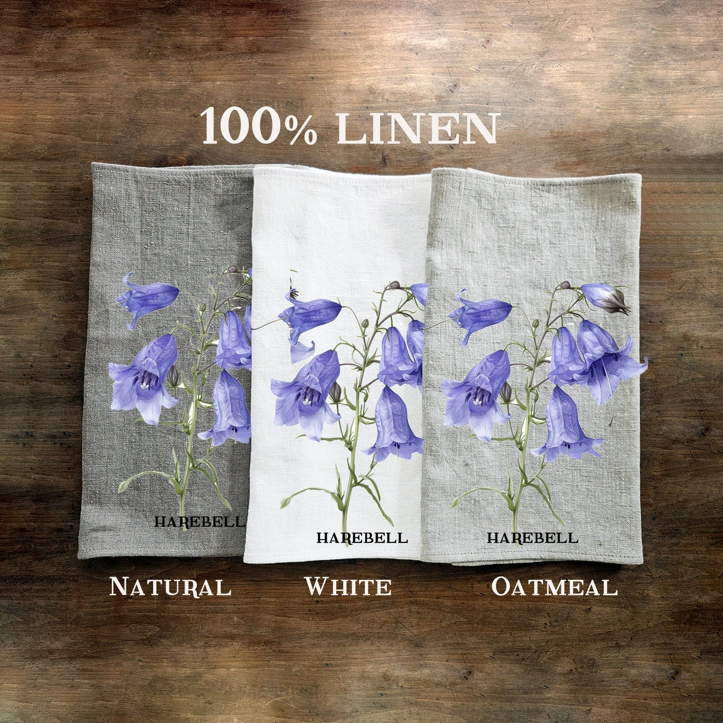 Harebell Tea Towel in linen, floral Hand Towels Tea, botanical Floral Dish Towel, purple flower Kitchen Décor Tea Towel