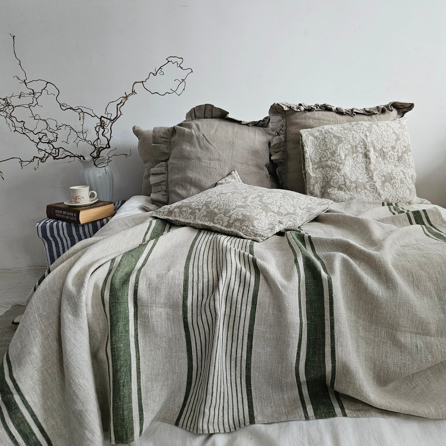 French linen Blanket, flax Bedspread - heavy weight huckaback linen bed cover - provence cottage coutrystyle Throw 100% Linen