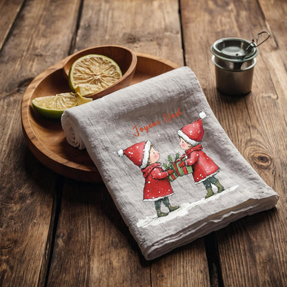 Christmas elf Tea Towel in linen, Hand Towels Tea in linen Dish Holiday Kitchen Feliz Navidad Frohe Weinachten Merry Christmas