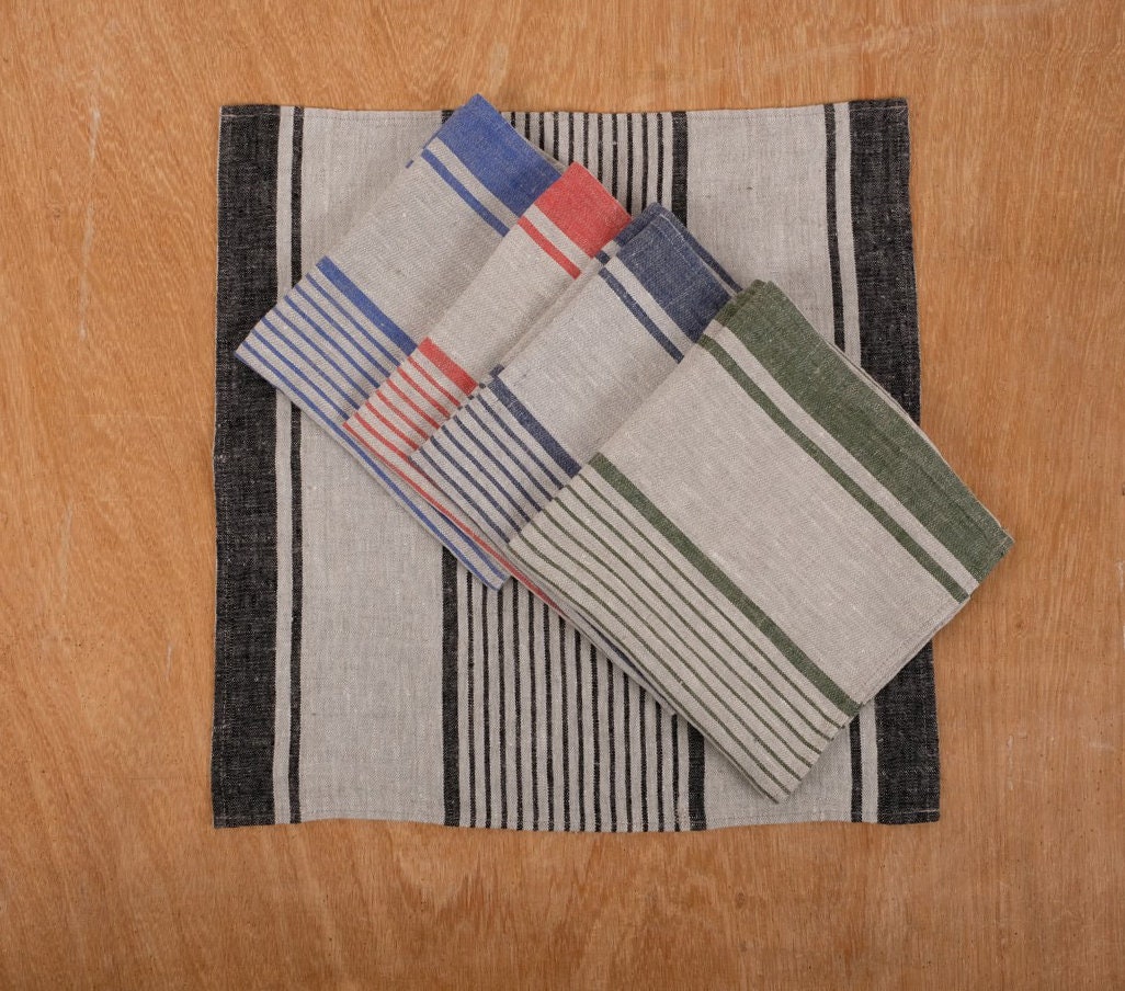 Linen napkins - grain sack French linen. Natural blue striped. Cottage coutry style. Set of linen napkins. Stonewashed cloth napkins