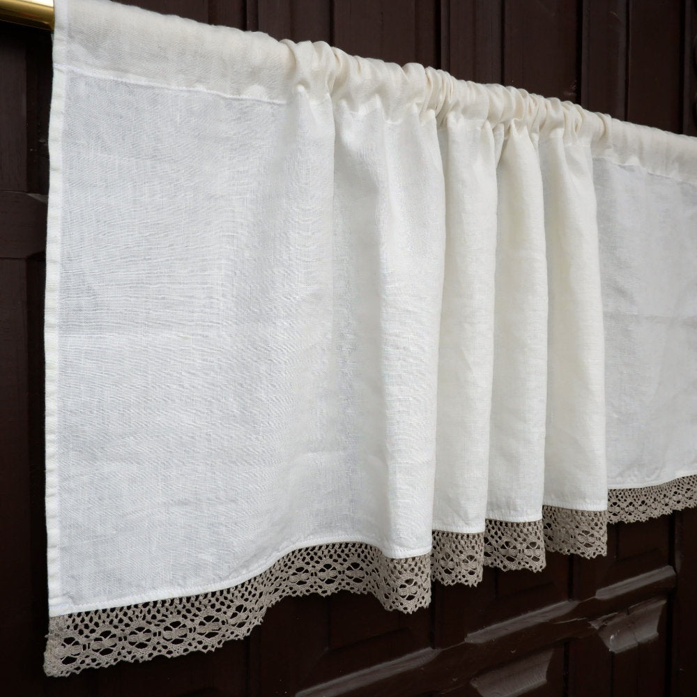 Custom size  Valance WHITE with laces, Farmhouse Pure linen window treatment, Living room Cafe Kitchen window panel, farmhouse curtains