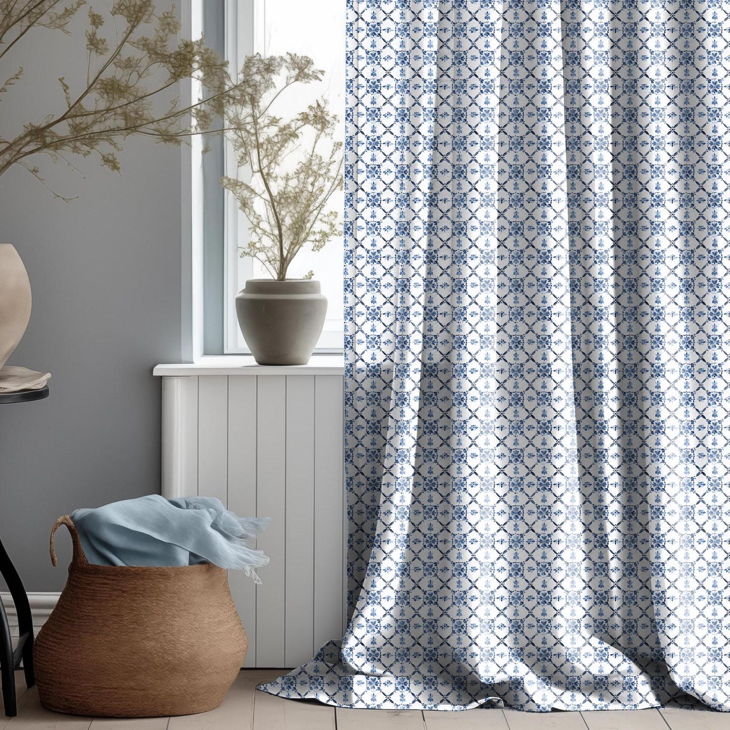 Curtains 100% Linen with Swedish tile print blue white pattern  PREWASHED - kitchen Living room farmhouse linen window panel