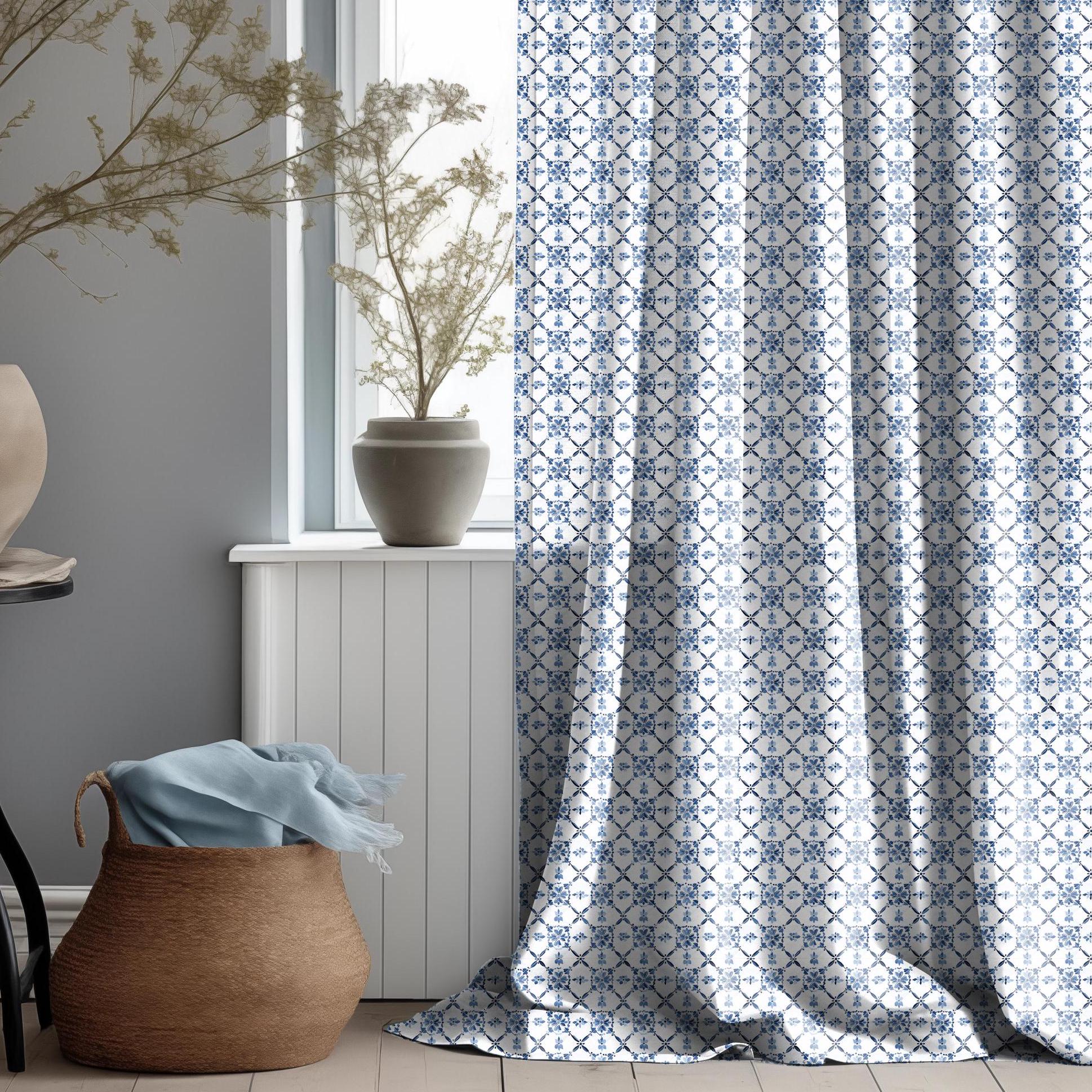 Curtains 100% Linen with Swedish tile print blue white pattern  PREWASHED - kitchen Living room farmhouse linen window panel