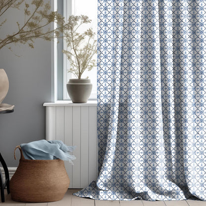 Curtains 100% Linen with Swedish tile print blue white pattern  PREWASHED - kitchen Living room farmhouse linen window panel