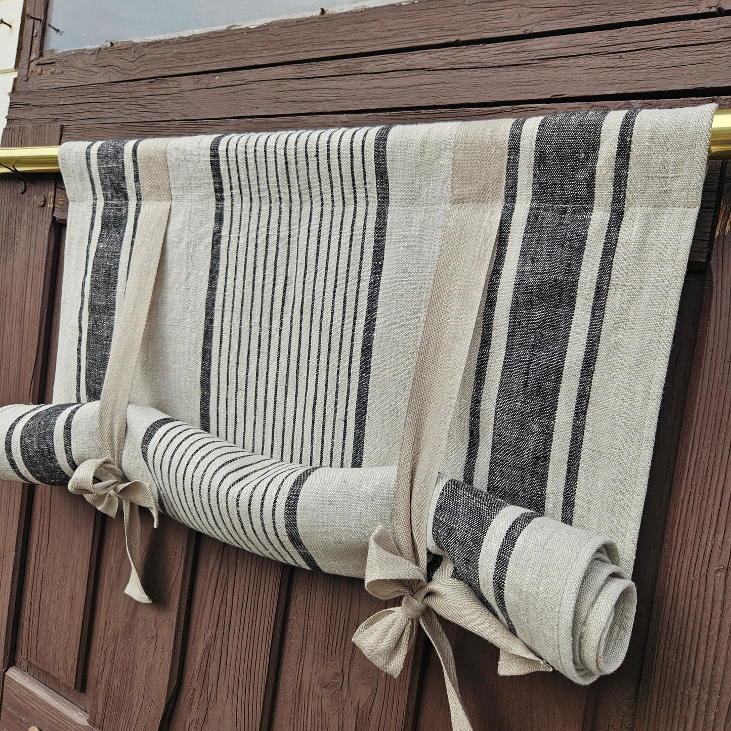 Striped Linen curtains valance with tie up , french farmhouse kitchen door curtains  in custom size