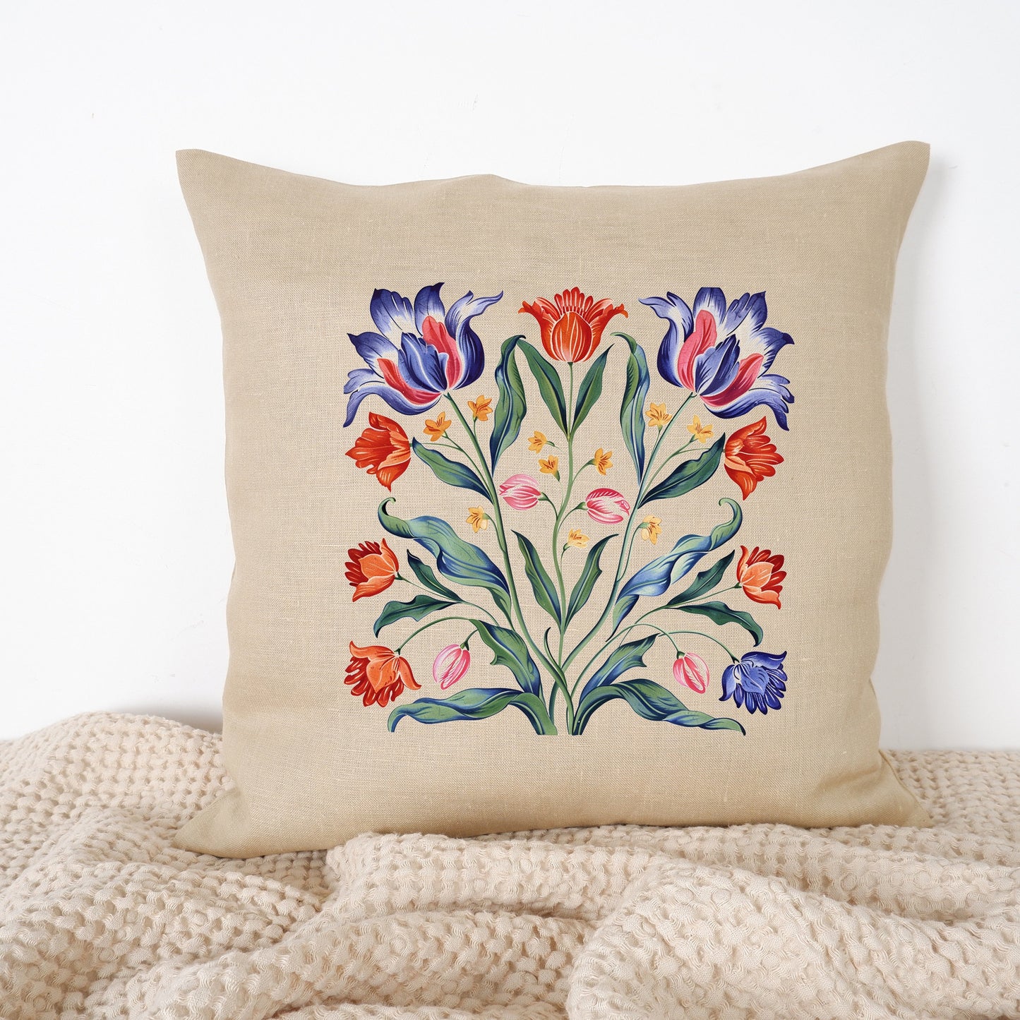 SALE LINEN Cushion cover with tulips print , decorative linen pillow cover with folk art print , Floral Housewarming Gift