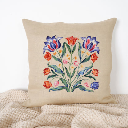 SALE LINEN Cushion cover with tulips print , decorative linen pillow cover with folk art print , Floral Housewarming Gift