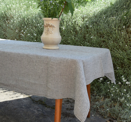 100% Linen tablecloth small squares PREWASHED table cloth rustic rectangle square oval grey black country style Flax