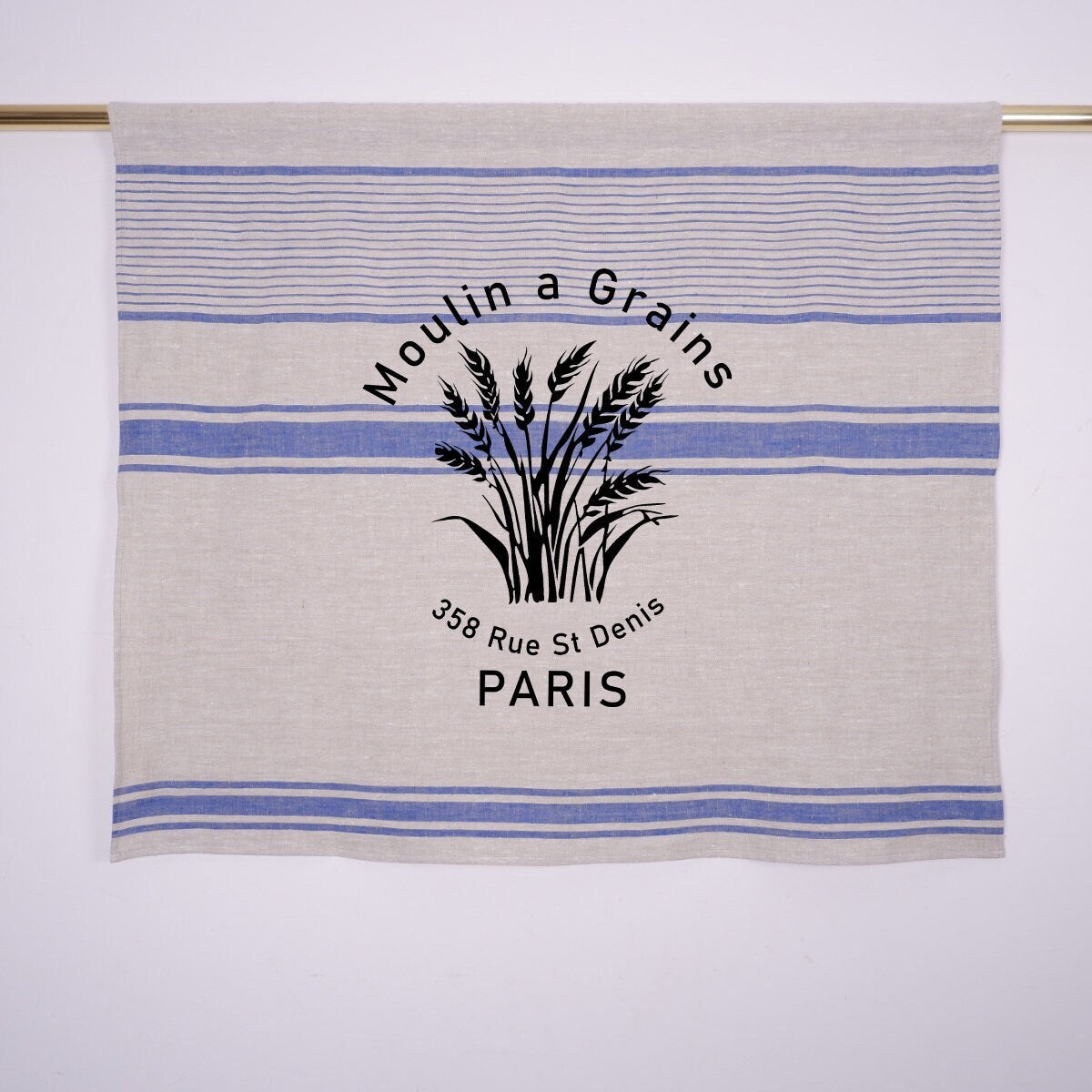striped Cafe Curtains, French stamp burlap Farmhous window panel with moulin a grains, Living room Cafe Kitchen window curtain custom size