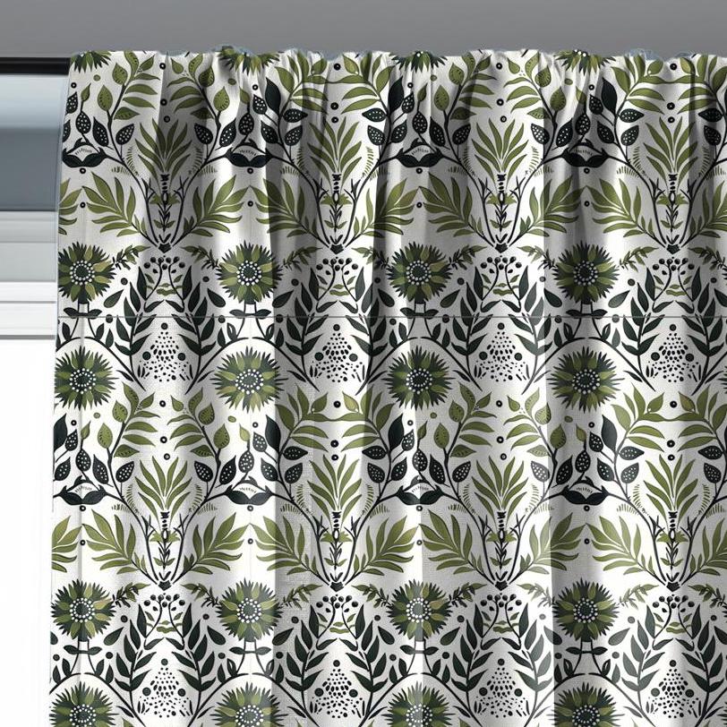 Modern vintage Curtains 100% Linen with botanical block print in green on white linen - kitchen Living room farmhouse linen window panel