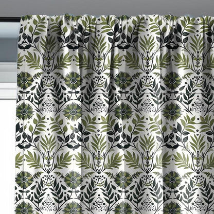 Modern vintage Curtains 100% Linen with botanical block print in green on white linen - kitchen Living room farmhouse linen window panel