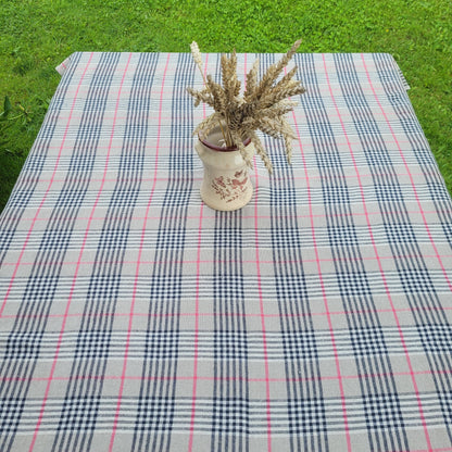 Heavy linen tablecloth for dinning table in gingham check, designer linen table cloth Retangle Square or Round in navy blue or other colors