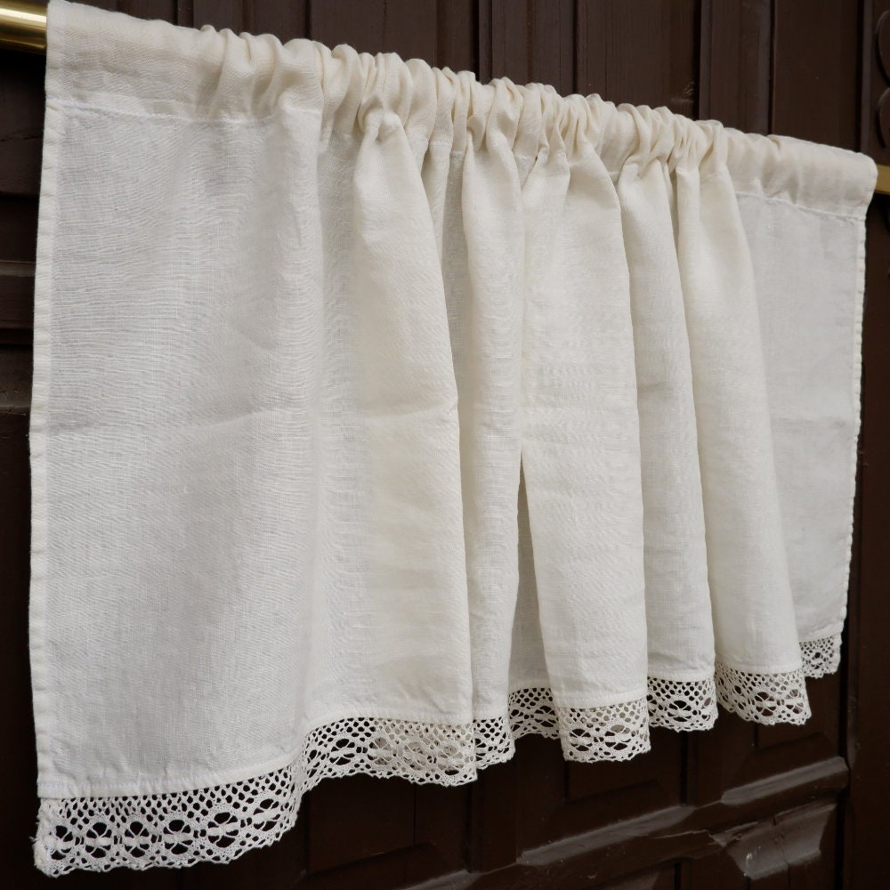 Custom size  Valance WHITE with laces, Farmhouse Pure linen window treatment, Living room Cafe Kitchen window panel, farmhouse curtains