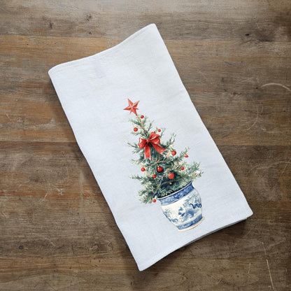 Christmas Tea Towel in linen, Christmas tree Hand Towels Tea, linen  Dish Towel Holiday Kitchen Décor Tea Towel
