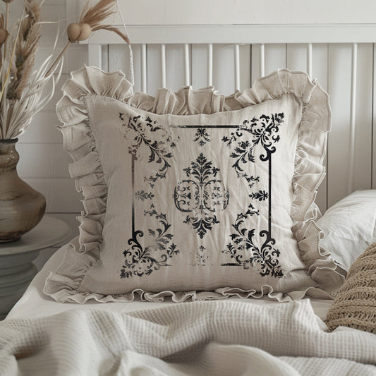 Shabby Floral Ruffle Linen Pillow Cover, French Provence Country Neutral Beige Cushion, French Antiques Harmhouse Cottage Chic Swedish