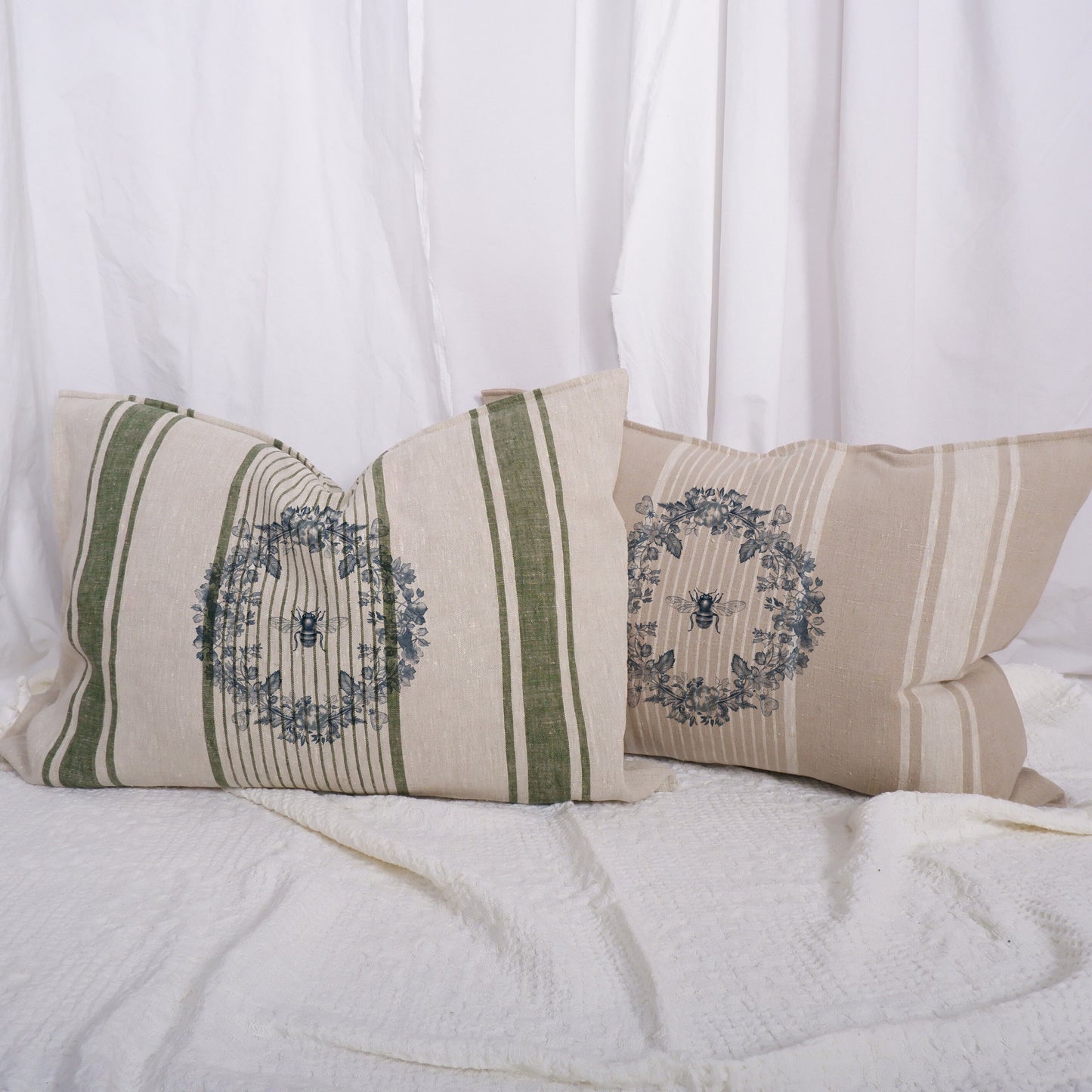 Striped linen pillowcase in french country style with humble bee and floral wreath print, French country linen  Grainsack cushion cover