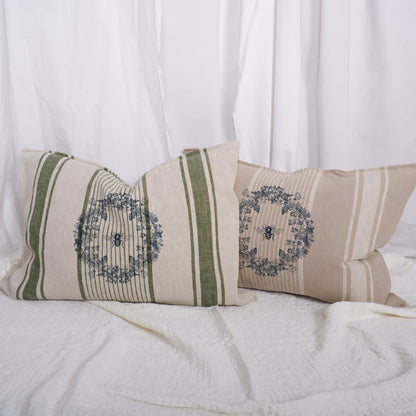 Striped linen pillowcase in french country style with humble bee and floral wreath print, French country linen  Grainsack cushion cover