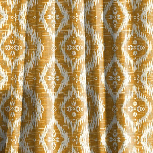 Curtains 100% Linen with ikat print mustard yellow pattern  PREWASHED - kitchen Living room farmhouse linen window panel