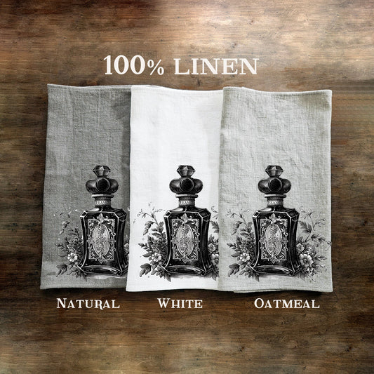 Parfum bottle Tea Towel in linen, floral Hand Towels Tea, black Frech Dish Towel, Floral Kitchen Décor Tea Towel