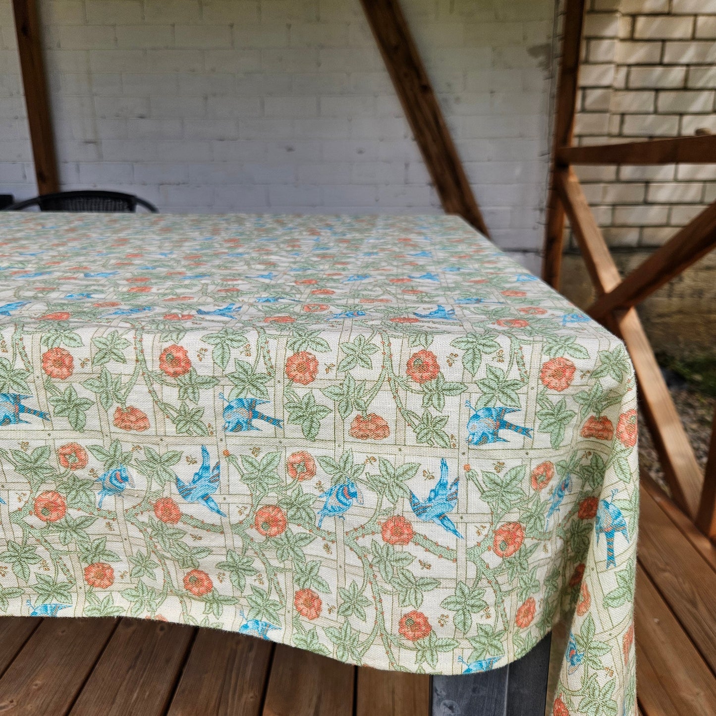 Linen floral tablecloth with birds, william Morris Trellis tablecloth with roses and birds, Victorian arts and crafts movement tablecloth