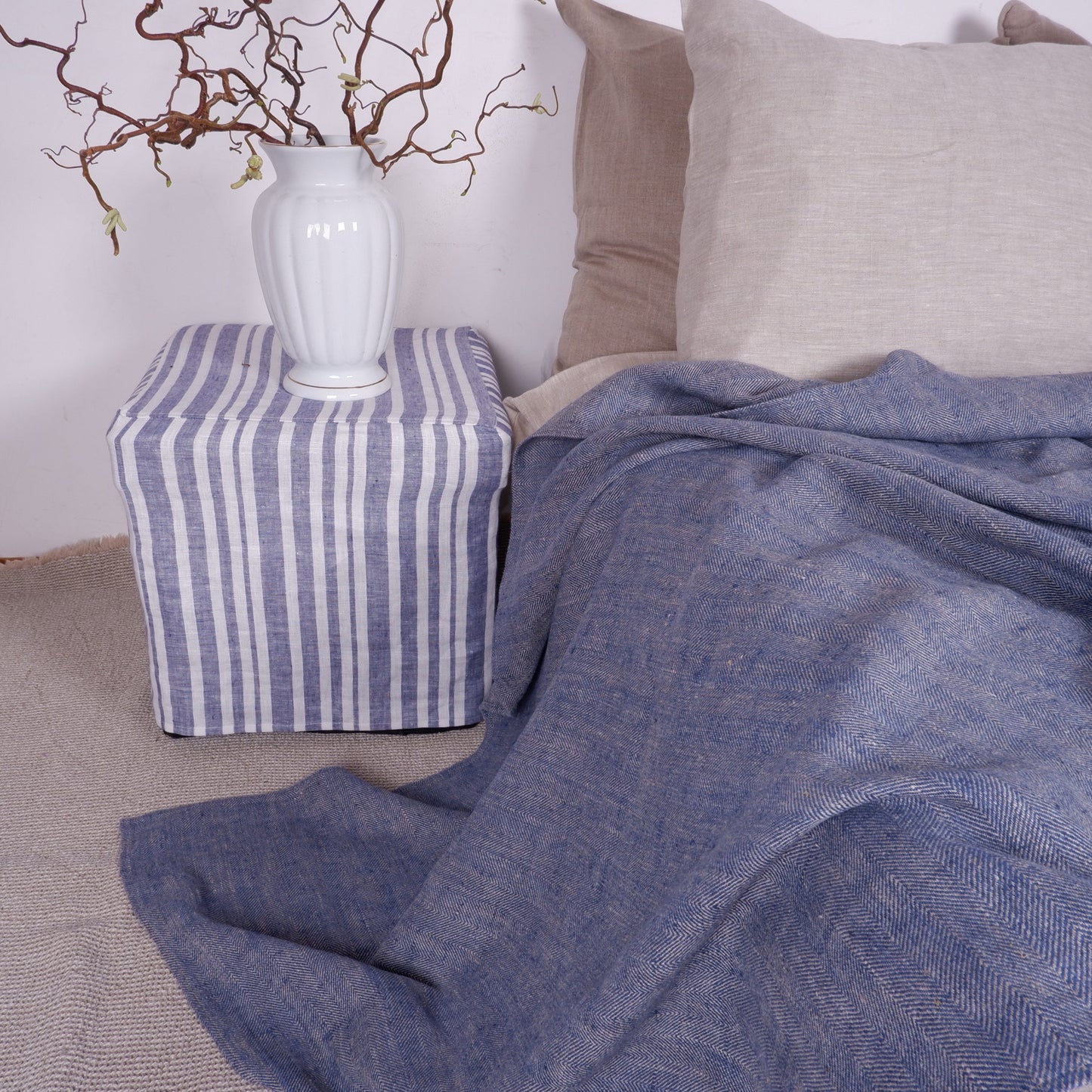 Blue Stonewashed linen Blanket, flax Bedspread - heavy weight huckaback linen bed cover - provence cottage coutrystyle Throw 100% Linen